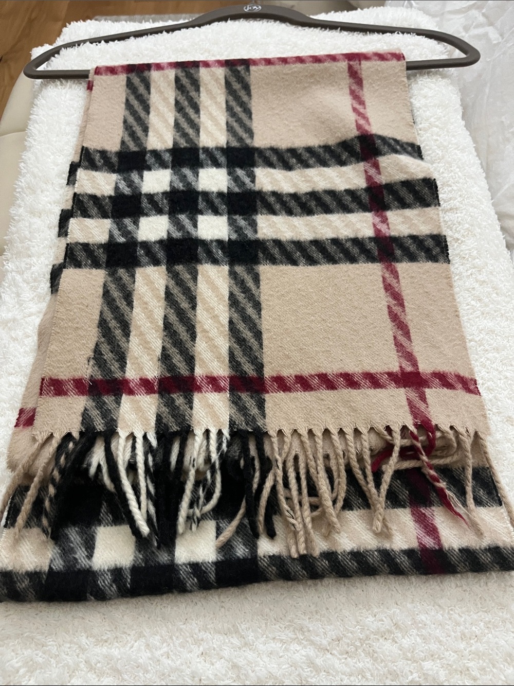 Burberry Beige Classic Check Cashmere-Feel Scarf with Red & Black Accents